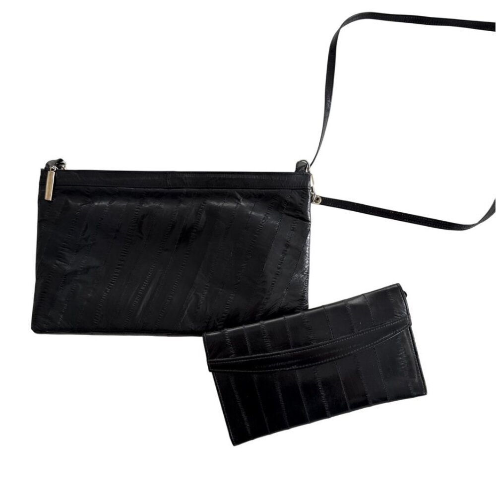 Genuine black vintage eel skin leather wallet and crossbody purse set